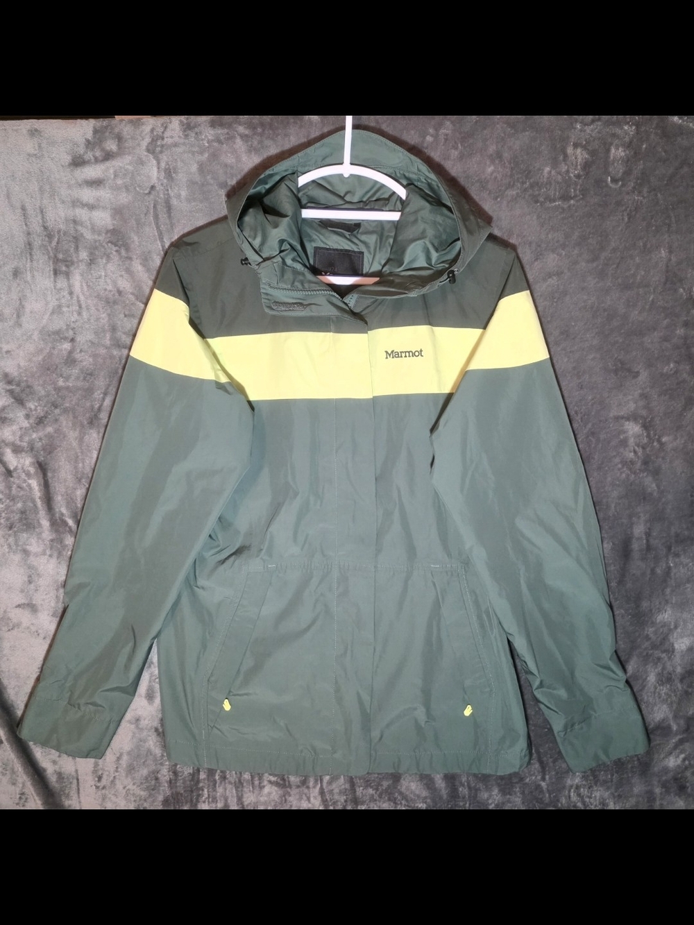 Marmot Men's Dark Green Hooded Jacket with Yellow Stripe
